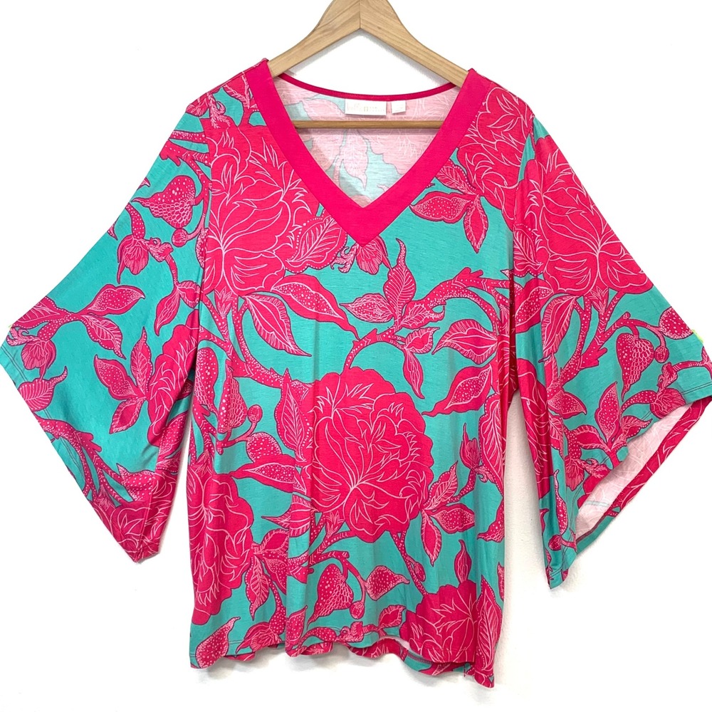 Belle by Kim Gravel Floral Kimono Sleeve V-Neck Top Pink Turquoise Large Stretch